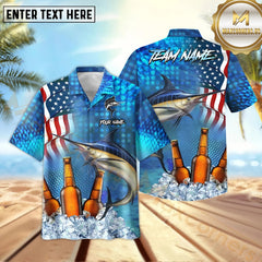 Maxcorners Marlin Fishing USA Flag Blue Beer Pattern Sport Jersey Personalized Name, Team Name Hawaiian Shirt