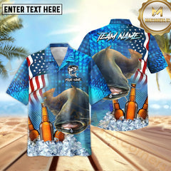 Maxcorners Catfish Fishing USA Flag Blue Beer Pattern Sport Jersey Personalized Name, Team Name Hawaiian Shirt