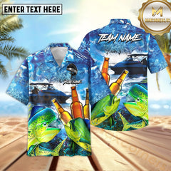 Maxcorners Mahi-Mahi Fishing Boat Blue Beer Pattern Sport Jersey Personalized Name, Team Name Hawaiian Shirt