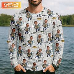 Maxcorners Custom Face Light Grey Funny Fishing Shirt, Personalized Fishing Shirt, Men's Fishing Shirt