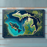 Maxcorners Michigan map fish art bass fishing art canvas for bass fisherman LM0101