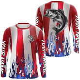Maxcorners Custom 3D Flame American Flag Bass Long Sleeve Fishing Shirts, Patriotic Bass Fishing Jerseys LM0501