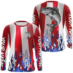 Maxcorners Custom 3D Flame American Flag Walleye Long Sleeve Fishing Shirts, Patriotic Walleye Fishing Jerseys LM2408