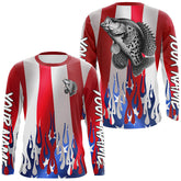 Maxcorners Custom 3D Flame American Flag Crappie Long Sleeve Fishing Shirts, Patriotic Crappie Fishing Jerseys LM0501