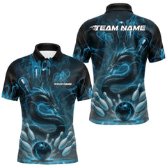 Maxcorners Custom Blue Flame Dragon Bowling Men Polo Shirts, Dragon Bowling League Shirt LM1112