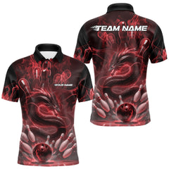 Maxcorners Custom Red Flame Dragon Bowling Men Polo Shirts, Dragon Bowling League Shirt LM1112