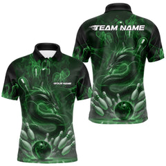 Maxcorners Custom Green Flame Dragon Bowling Men Polo Shirts, Dragon Bowling League Shirt LM1112