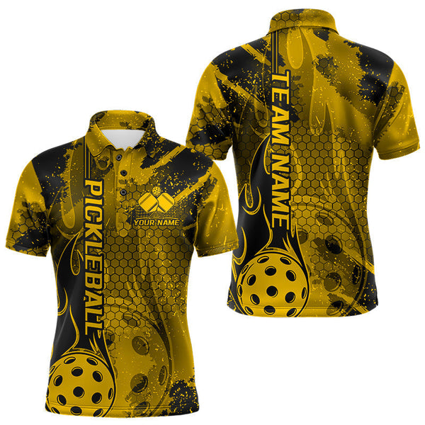 Maxcorners Black And Yellow Flame Custom Pickleball Polo Shirts For Men, Team Pickleball Jerseys LM2206