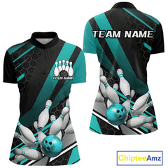 Maxcorners Custom Black And Turquoise Blue Bowling Team Jersey, Striking Bowling League Men Polo Shirt MT0609