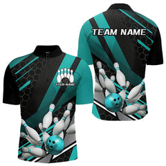 Maxcorners Custom Black And Turquoise Blue Bowling Team Jersey, Striking Bowling League Men Polo Shirt MT0609