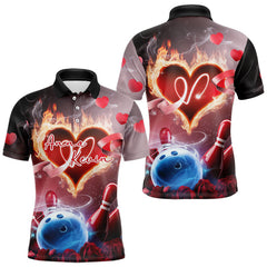 Maxcorners Custom Valentines Day Couple Bowling Polo Shirts For Men, Roses And Flame Bowling For Lovers
