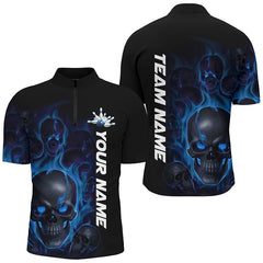 Maxcorners Blue Smoke Flame Custom Skull Bowling Shirts For Men, Bowling Team Uniform Outfit