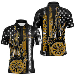 Maxcorners Custom Yellow Thin Line US Flag Patriotic Flame Dartboard Dart Men Polo Shirts, Dart Jersey TU1208