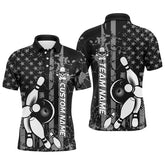Maxcorners American Flag Black And White Custom Bowling Polo Shirts For Men, Patriotic Bowling Team Jerseys
