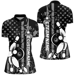 Maxcorners American Flag Black And White Custom Bowling Polo Shirts For Women, Patriotic Bowling Team Jerseys