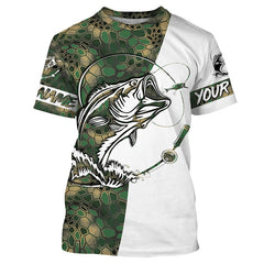 Maxcorners Largemouth Bass Fishing Custom Long Sleeve Shirts, Bass Tournament Fishing Jerseys | Green Camo LM0201