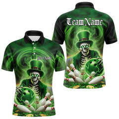 Maxcorners Custom Green St Patricks Day Skull Bowling Polo Shirts For Men And Women, Shamrock Bowling Shirt