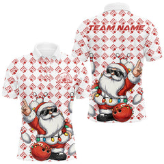 Maxcorners Custom Funny Red Pattern Santa Claus Christmas Bowling Men Polo Shirts, Xmas Bowling Team Shirt TU1011
