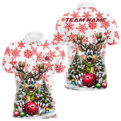 Maxcorners Custom Cute Funny Reindeer Christmas Bowling Men Polo Shirts, Xmas Team Bowling Shirts LM1411