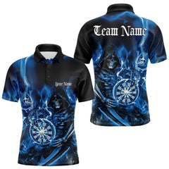 Maxcorners Custom Black And Blue Flame Grim Reaper Dart Team Men Polo Shirts, Halloween Dart Otufit LM1610
