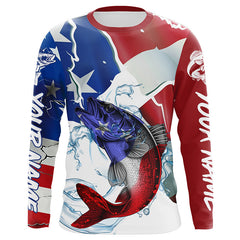 Maxcorners Walleye Fishing American Flag Custom Performance Long Sleeve Fishing Shirts, Patriotic Fishing Gifts LM2408