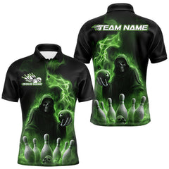 Maxcorners Custom Green Flame Grim Reaper Bowling Men Polo Shirts, Halloween Bowler Outfit TU1908