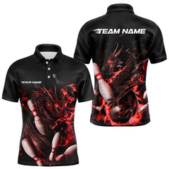 Maxcorners Custom Black And Red Flame Dragon Bowling Polo Shirts For Men, Bowling Tournament Team Shirt