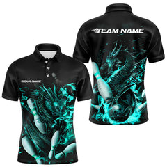 Maxcorners Custom Black And Cyan Flame Dragon Bowling Polo Shirts For Men, Bowling Tournament Team Shirt LM2404
