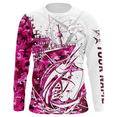 Maxcorners Custom Pink Camo Saltwater Sailfish Long Sleeve Fishing Shirts, Offshore Fishing Shirt LM0607