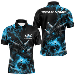 Maxcorners Custom Black And Blue Flame Dragon Bowling Men Polo Shirt, Dragon Bowling League Shirt LM2512