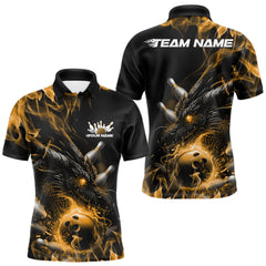 Maxcorners Custom Black And Gold Flame Dragon Bowling Men Polo Shirt, Dragon Bowling League Shirt LM2512