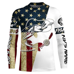 Maxcorners Custom American Flag Musky Tattoo Grass Camo Long Sleeve Fishing Shirts, Patriotic Muskie Shirt LM0501