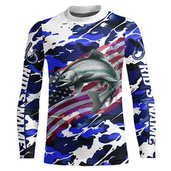 Maxcorners Chinook Salmon Fishing American Flag Camo Custom Long Sleeve Shirts, Salmon Saltwater Fishing Shirts LM0501