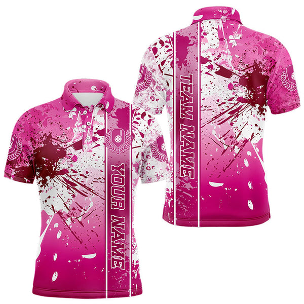 Maxcorners Pink And White Splatter Custom Pickleball Polo Shirts For Men, Pickleball Team Uniform