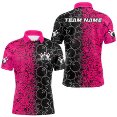 Maxcorners Custom Black And Pink Splatter Bowling Ball Pattern Bowling Team Polo Shirts For Men LM2608