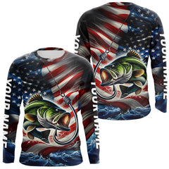Maxcorners Custom Patriotic Largemouth Bass Long Sleeve Fishing Shirts, US Flag Fish Hook Bass Jerseys LM0607
