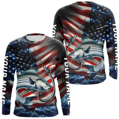 Maxcorners Custom Patriotic Striped Bass Long Sleeve Fishing Shirts, US Flag Fish Hook Striper Jerseys LM0607