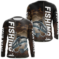 Maxcorners Brown Camouflage Fish Hook Custom Catfish Long Sleeve Tournament Fishing Shirts LM0607