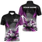 Maxcorners Custom Black And Purple Grunge Bowling Ball And Pins Explosion Team Polo Shirts For Men LM2707