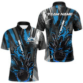 Maxcorners Custom Grunge Black And Blue Fire Flame Bowling Polo Shirts For Men, Bowling Team Uniform LM2707