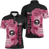 Maxcorners Pink Sugar Skull Tattoo Custom For Men Team Bowling Polo Shirts, Halloween Team Bowling Jerseys