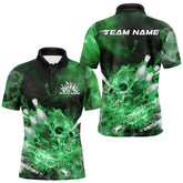 Maxcorners Custom Green Fire Flame Skull Bowling Polo Shirts For Men, Halloween Bowling Outfits LM2707
