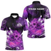 Maxcorners Custom Pink Fire Flame Skull Bowling Polo Shirts For Men, Halloween Bowling Outfits LM2707