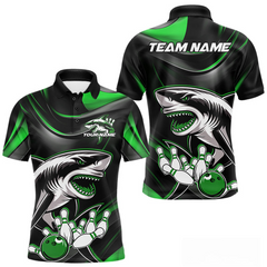 Maxcorners Custom Black And Green Shark Bowling Team Polo Shirts For Men, Bowling League Shirt