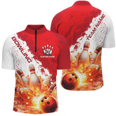 MaxCorners Bowling And Pins Mutilcolor Flame Strike Customized Name, Team Name 3D Stand Collar Zipper Polo Shirt For Men