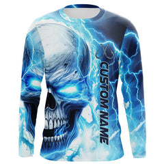 Maxcorners Blue Thunder Lightning Skull Custom Long Sleeve Fishing Shirts, Fish Hook Skull Fishing Jerseys LM2408
