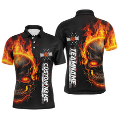 MaxCorners Pickleball Orange Flame Skull American Customized Name, Team Name 3D Polo Shirt For Men