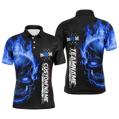 MaxCorners Pickleball Blue Flame Skull American Customized Name, Team Name 3D Polo Shirt For Men