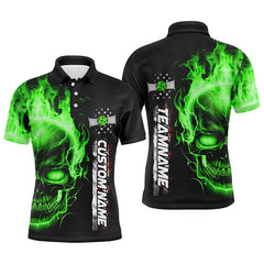 MaxCorners Pickleball Green Flame Skull American Customized Name, Team Name 3D Polo Shirt For Men