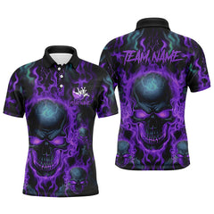 Maxcorners Custom Bowling Polo Shirts Men Purple Flame Skull Team Bowling Jerseys Halloween Bowler Outfits LM2509